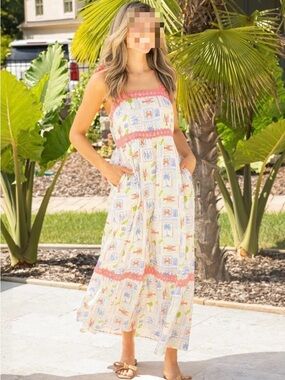 Simply Southern White Maxi Dress with Pink Trim and Multicolor Print